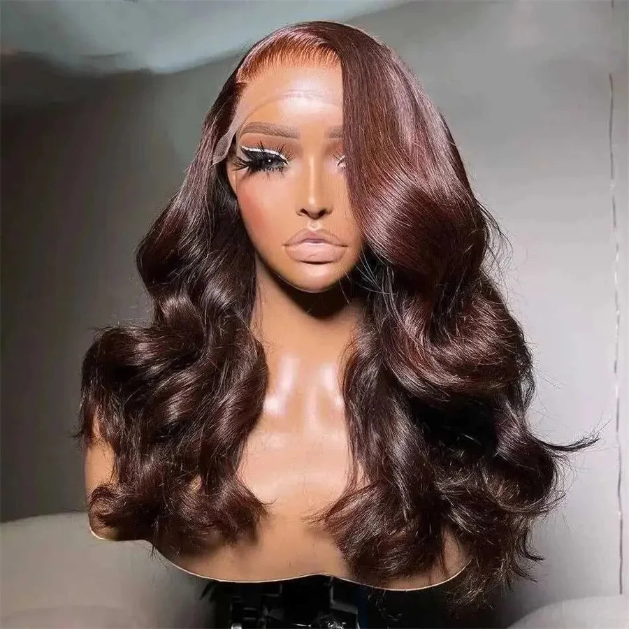 Perruque frontale transparente 13x4 HD, cheveux naturels brésiliens ondulés pré-épilée couleur chocolat