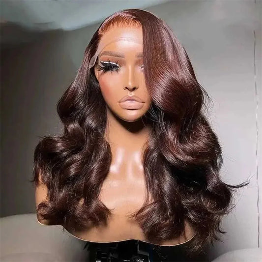 Perruque frontale transparente 13x4 HD, cheveux naturels brésiliens ondulés pré-épilée couleur chocolat