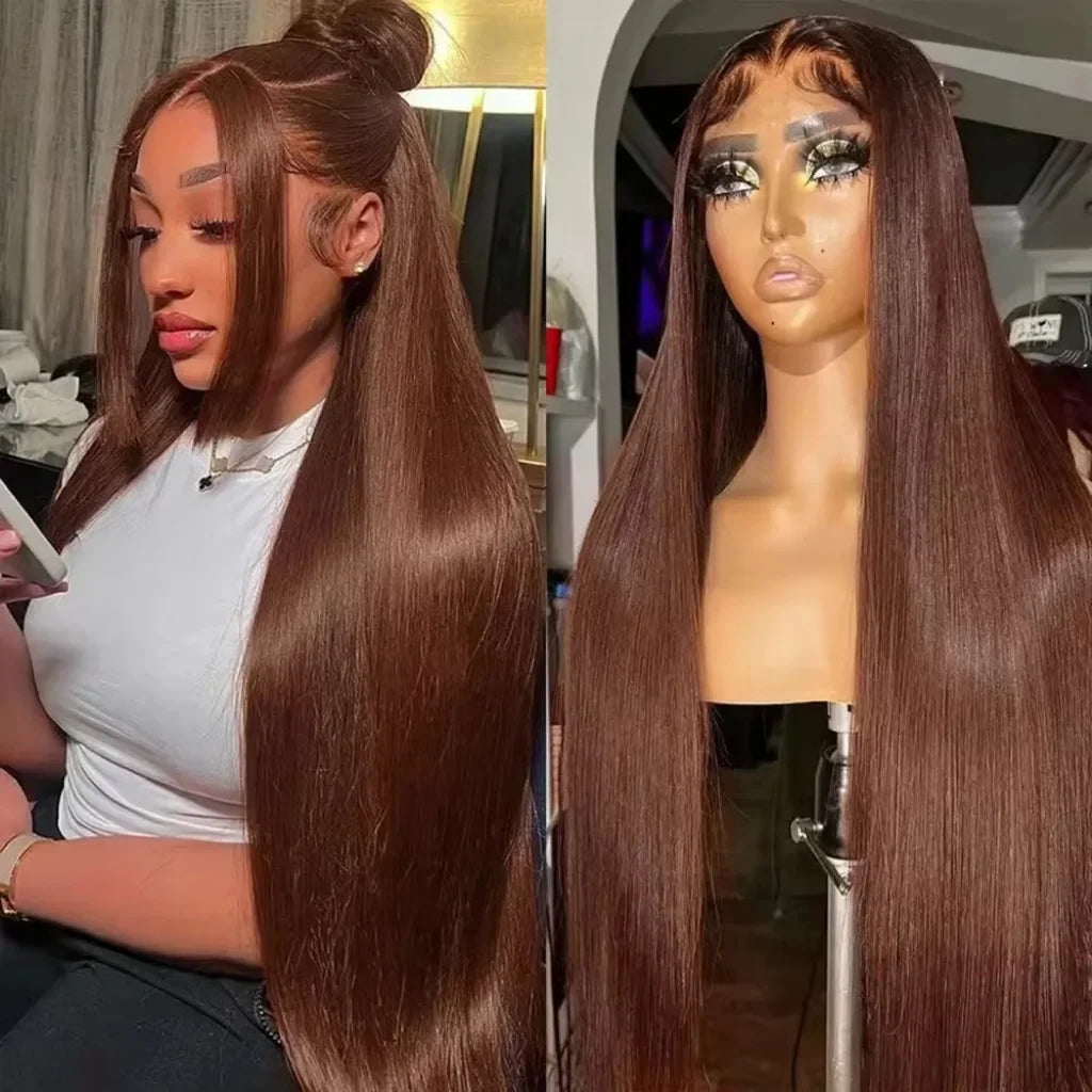 Perruque frontale droite en dentelle 13x6 HD brun chocolat , 100% cheveux naturels pré-épilés Perruque Couleur 4 Densité 180% - 200%