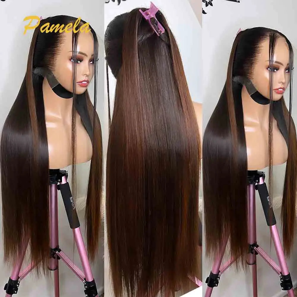 Perruque frontale  cheveux naturel sans colle, couleur brun ombré/noir naturel