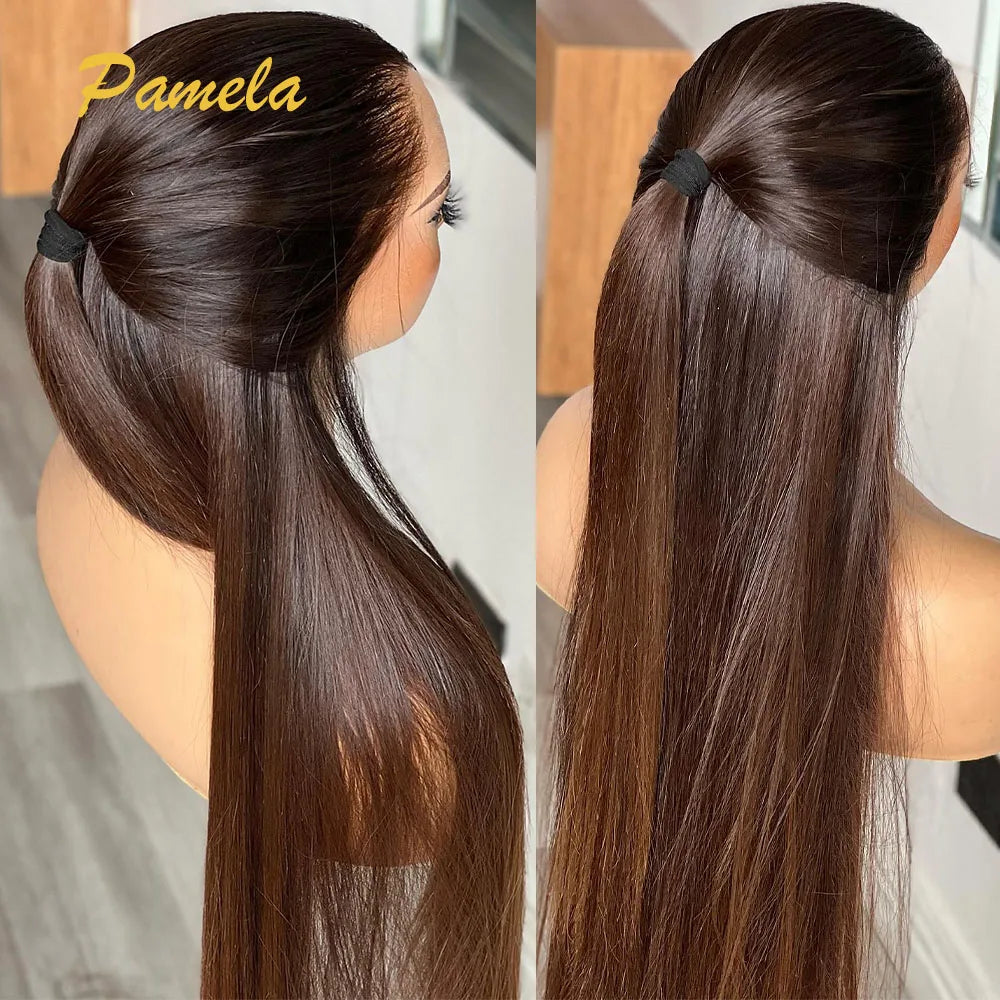 Perruque frontale  cheveux naturel sans colle, couleur brun ombré/noir naturel