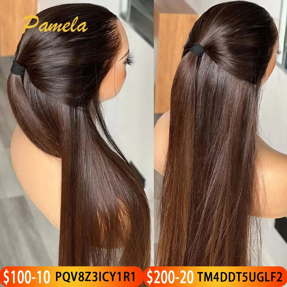 Perruque frontale  cheveux naturel sans colle, couleur brun ombré/noir naturel